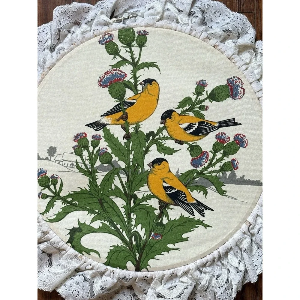 Vtg Goldfinch Bird Fabric Wall Hanging Lace Ruffle Embroidery Hoop Cottagecore